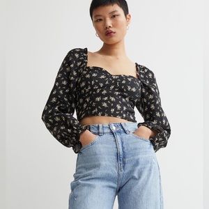 H&M | NWT Linen Blend Floral Puff Sleeve Top